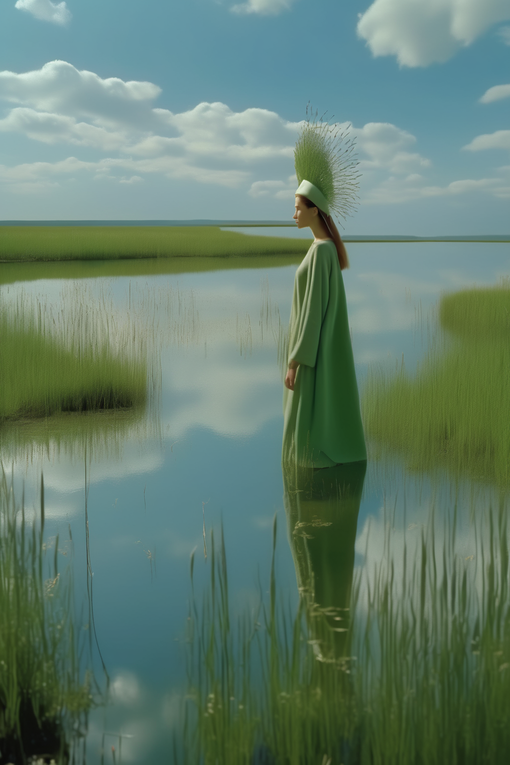 00720-2017214205-_lora_Director Terrence Malick style_1_Director Terrence Malick style - A woman wearing a white and green floral headdress stand.png